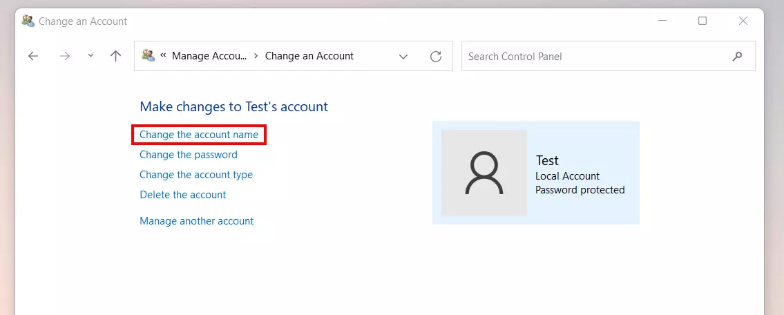 Windows 11 window ‘Change the account name’