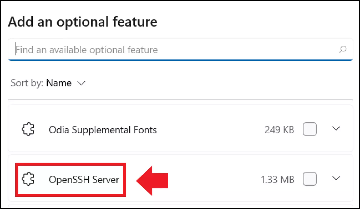 The installation of the OpenSSH server under ‘Optional Features’