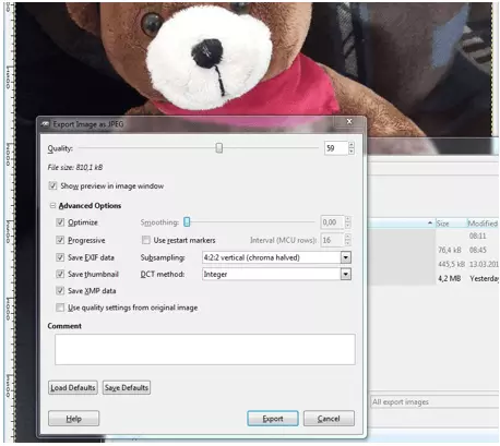 GIMP: Exporting image as JPEG