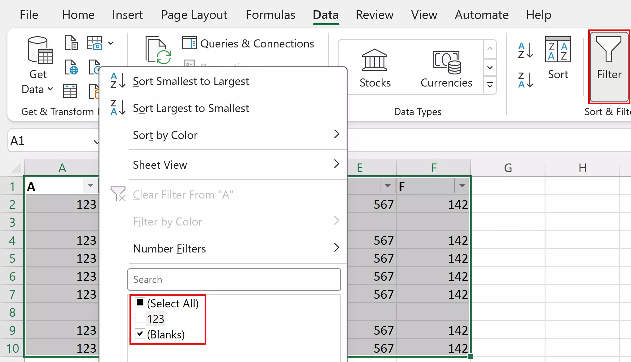 Drop-down menu for showing all blank rows in Excel