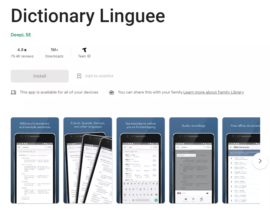 The Linguee translate app in the Google Play Store