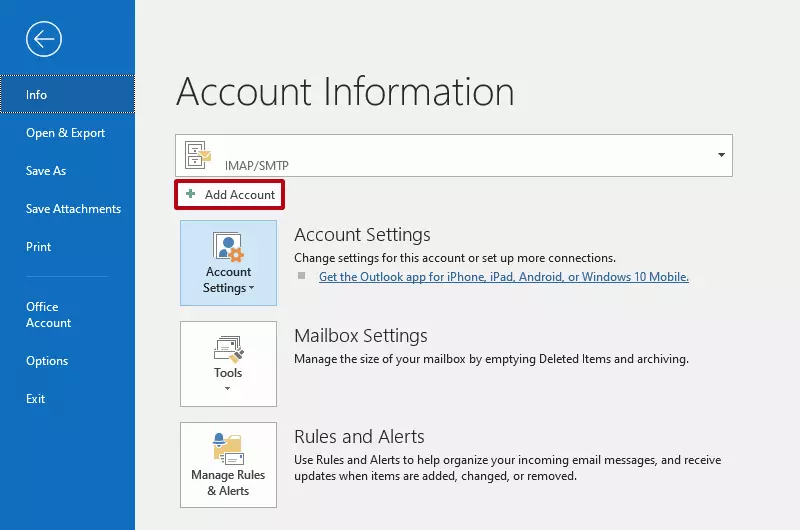 Outlook: Button ‘Add account’