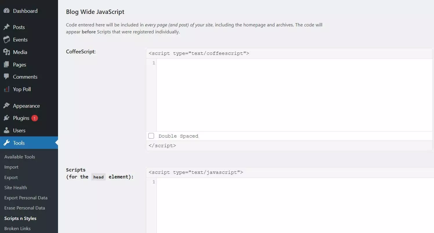 WordPress: Embed JavaScript code with the `Scripts n Styles´ plugin