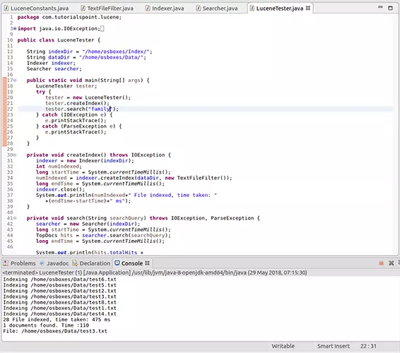 Source code in Eclipse and result of a Lucene search query in the console