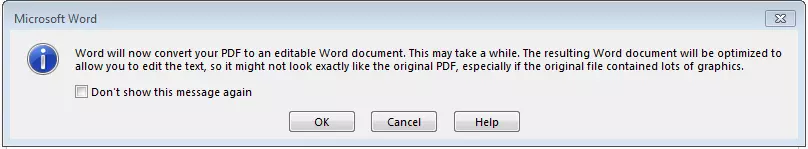 Information when converting a PDF to a Word document