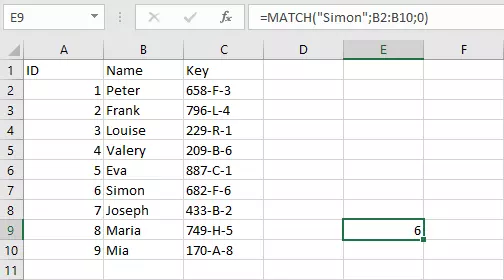 Example in Excel with the MATCH function