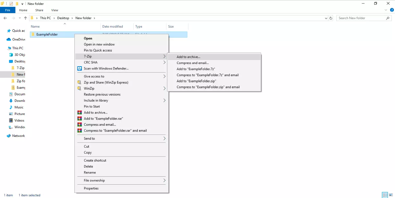 The compression program 7-Zip in the Windows Explorer shortcut menu