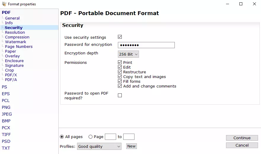 PDF24 Creator: ‘Security’ menu