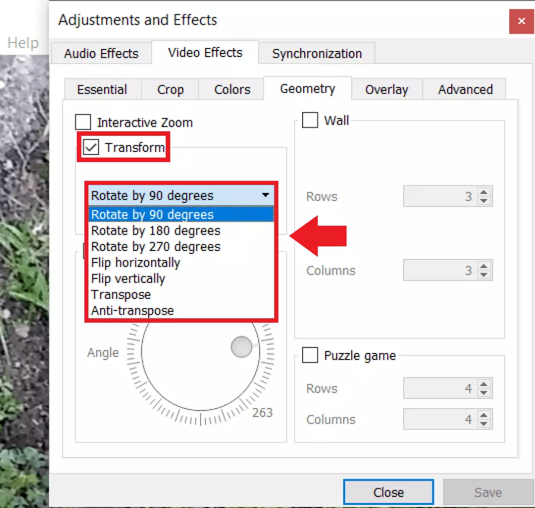 The ‘Transform’ option lets you define the angle of your video