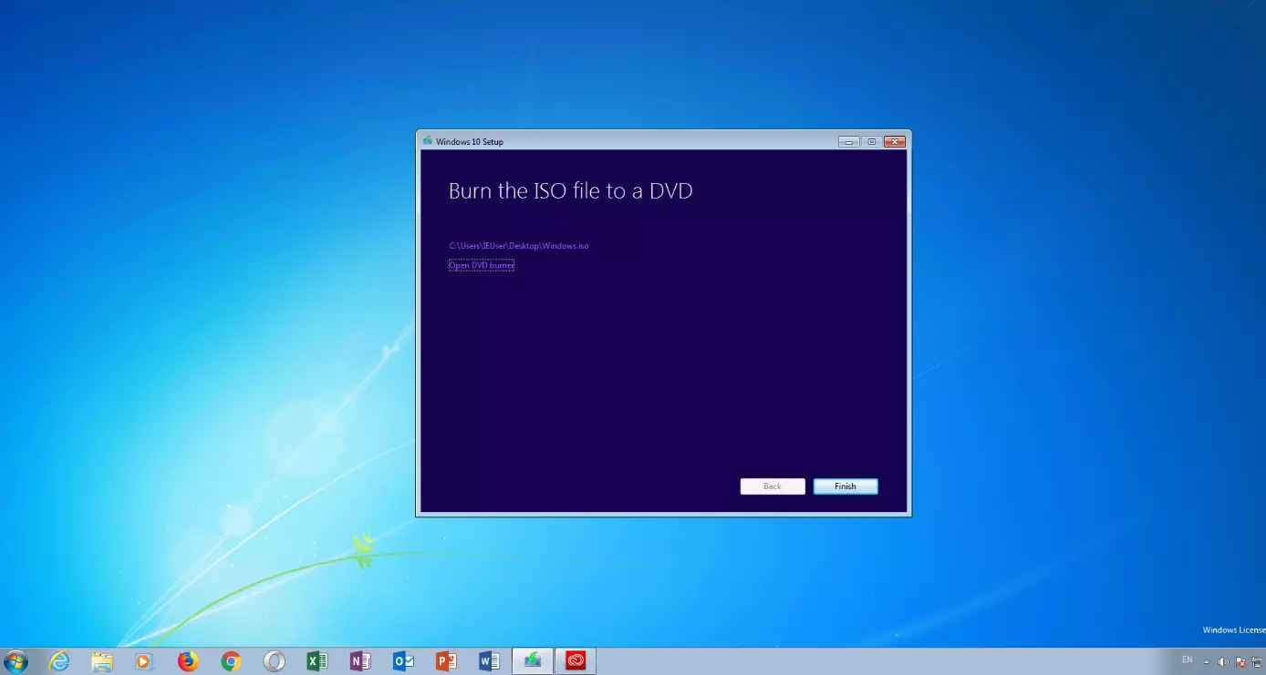 Windows 10 setup window with the text “Burn the ISO file to a DVD”