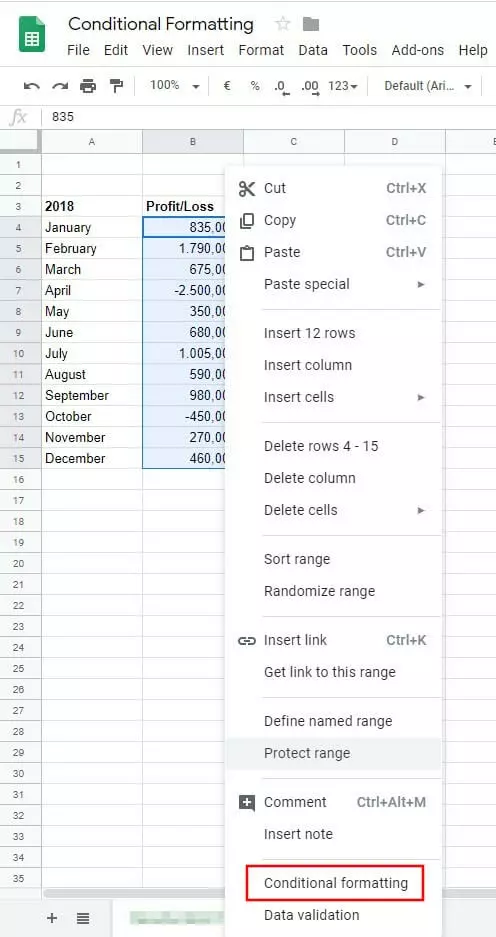 Google Sheets: Table with selected range of values