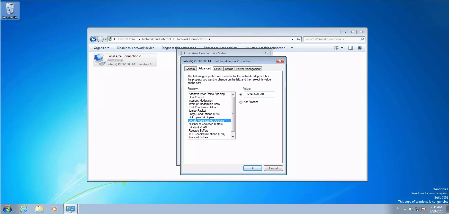 Locally Administered Address (LAA) in the adapter settings