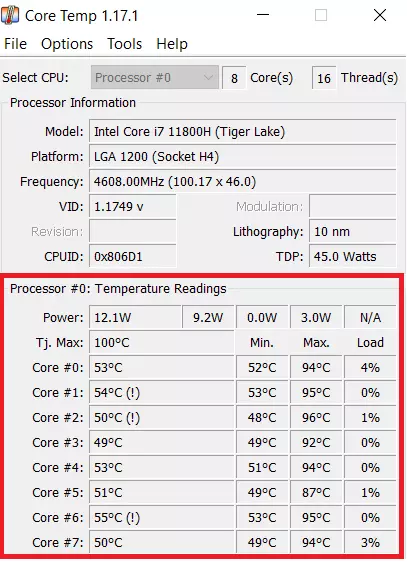 View of Core Temp