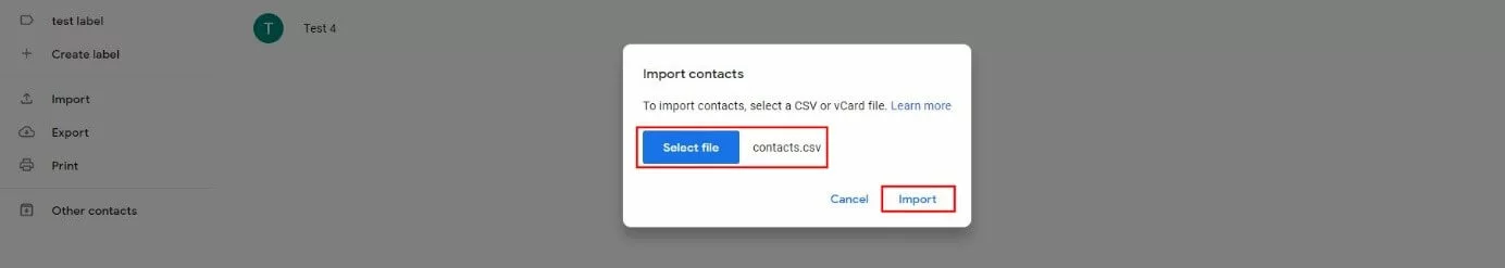 “Import contacts” dialogue in Google “Contacts”