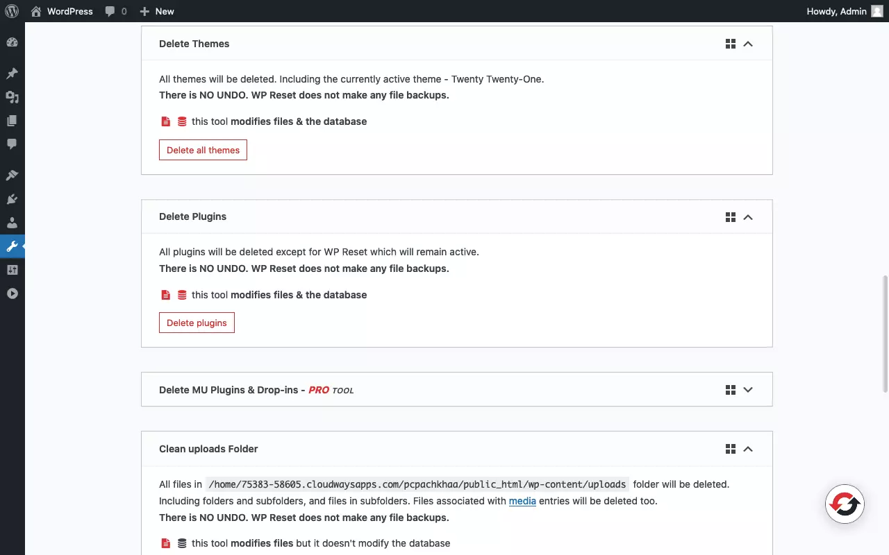 Screenshot of the tools page of the 'WP Reset' plugin (2/3)