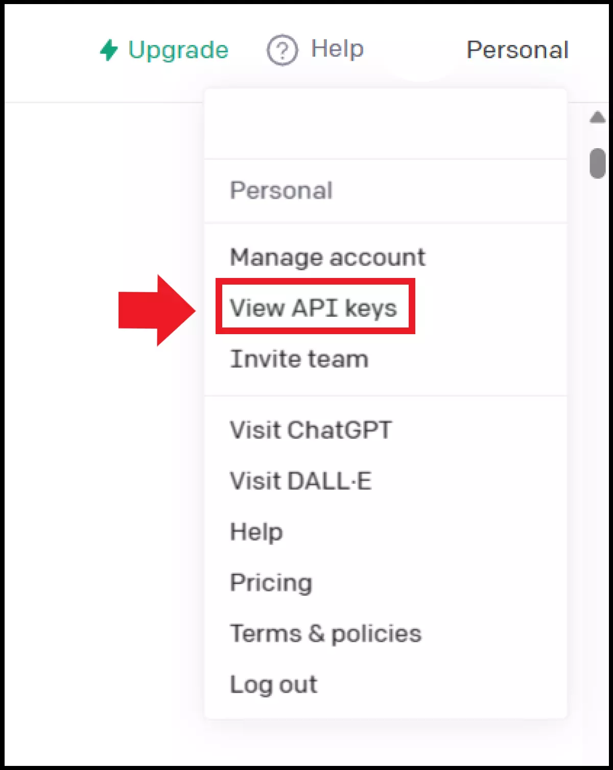 The ‘View API keys’ tab in the menu