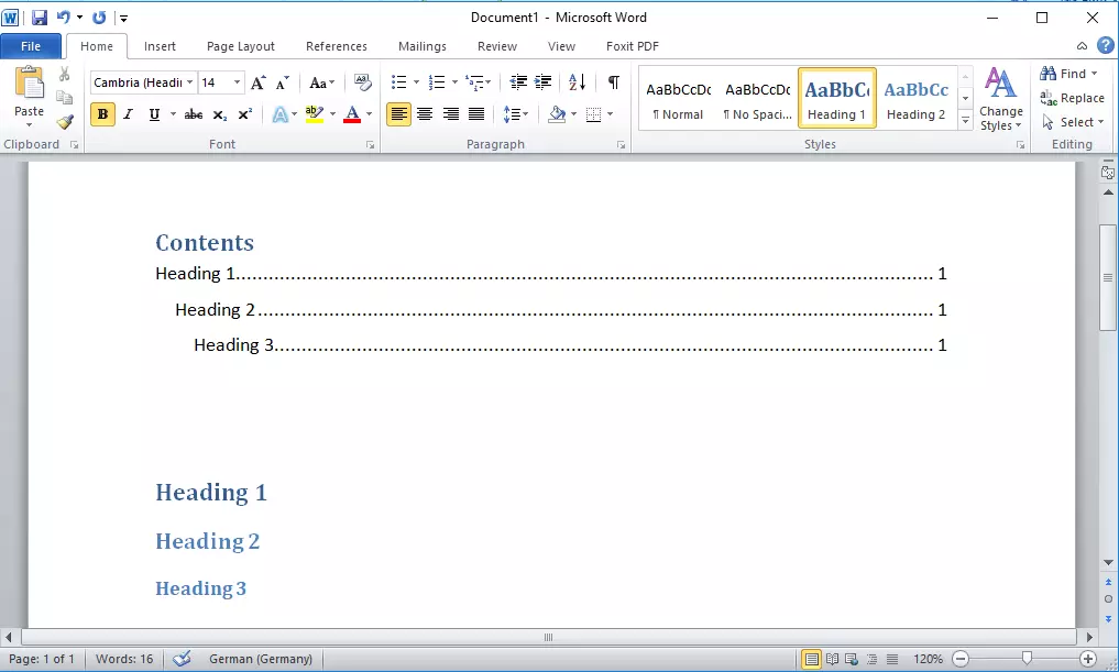 Microsoft Word 2010: Table of contents in the “Automatic Table 1” format