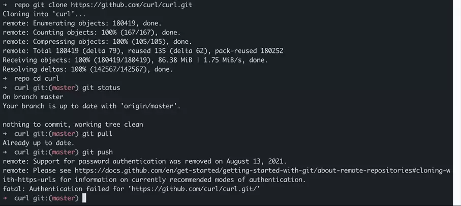 Result of Git pull and Git push of the local cURL repository