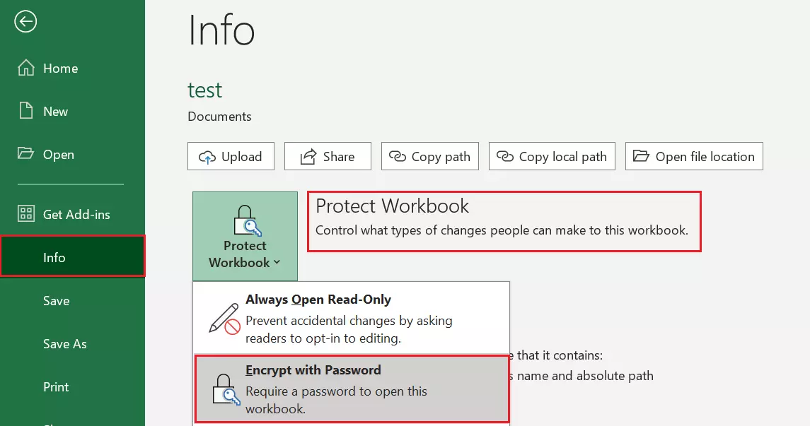 Screensot of menu ‘File’ > ‘Info’ > ‘Protect Workbook’