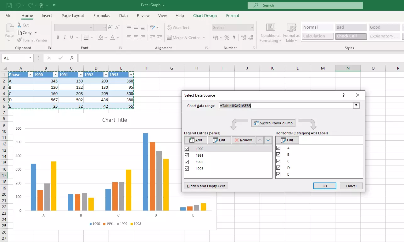 Dialogue box for configuring the data range for Excel graphs