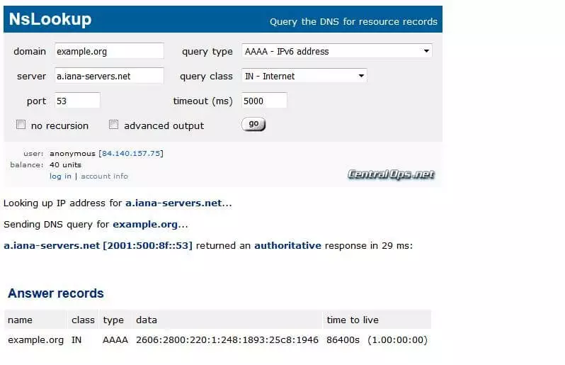 “NsLookup” on centralops.net