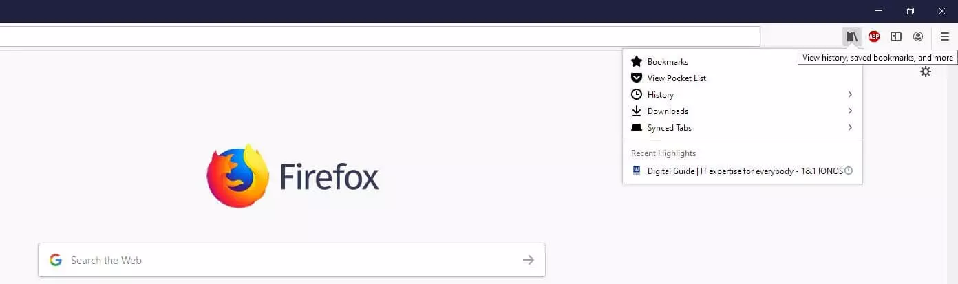 Firefox desktop menu ‘View history, saved bookmarks, and more’