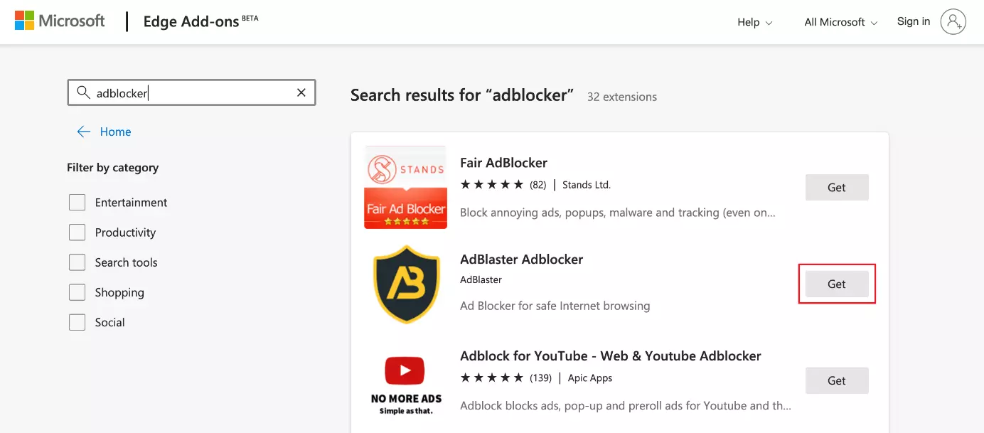 Search results in the add-on store of Microsoft Edge