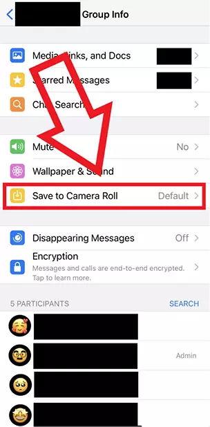 iPhone screenshot highlighting ‘Save to Camera Roll’ option in Group Info