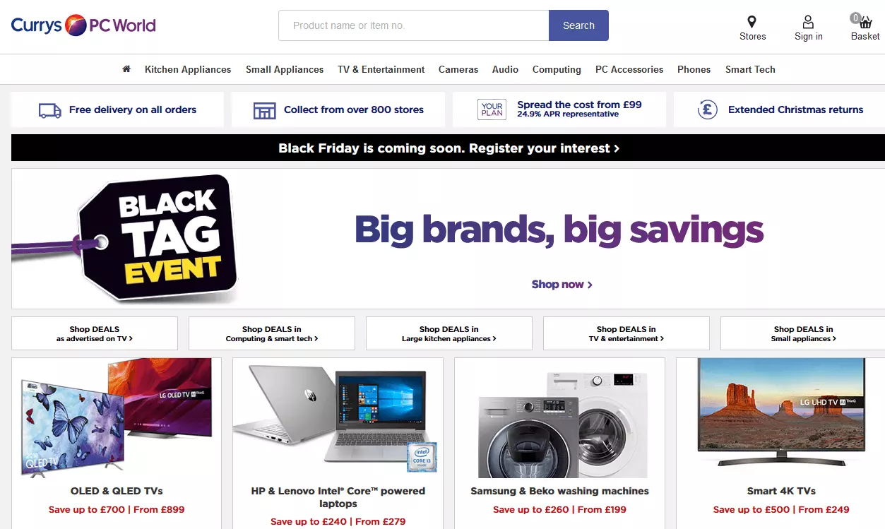 Screenshot of Currys PC World’s homepage