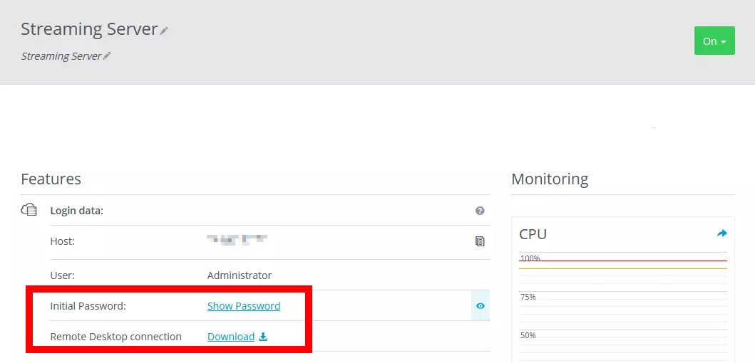 IONOS Cloud Panel with remote desktop connection information