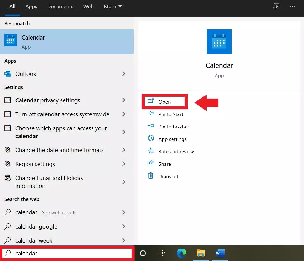 Opening the Windows Calendar app using the search bar