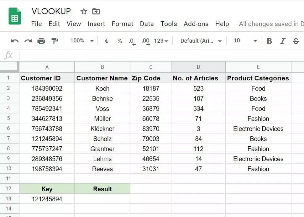 Search key defined in Google Sheets