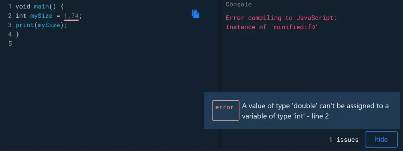 Learn DART programming: error output