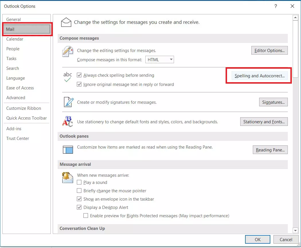 Outlook Options: ‘Spelling and Autocorrect’