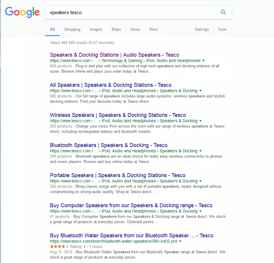 Google SERP for 'speakers tescohair'