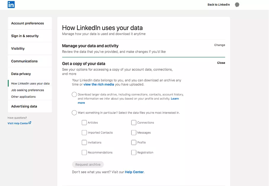 Screenshot of LinkedIn settings