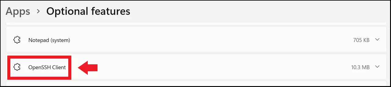 The ‘Optional Features’ menu with the Windows 11 OpenSSH client