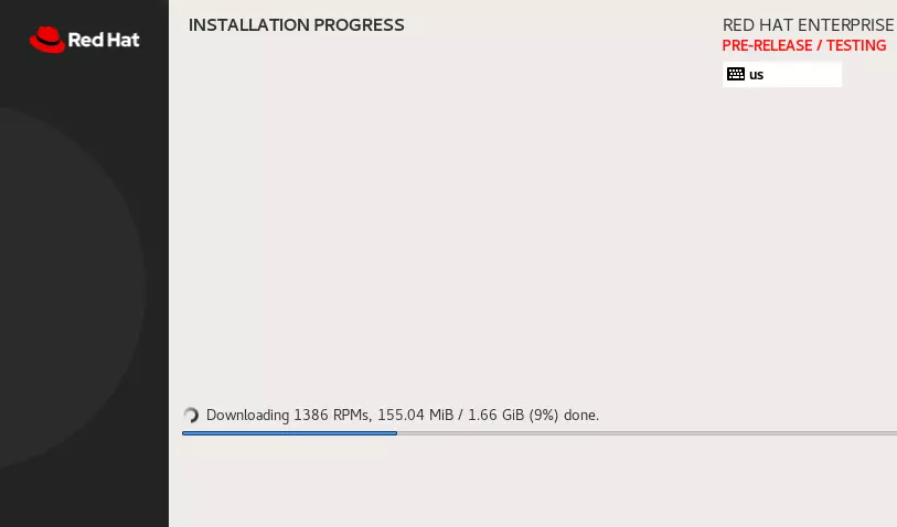 Screenshot of the RHEL 8 configuration menu showing the progress of the installation