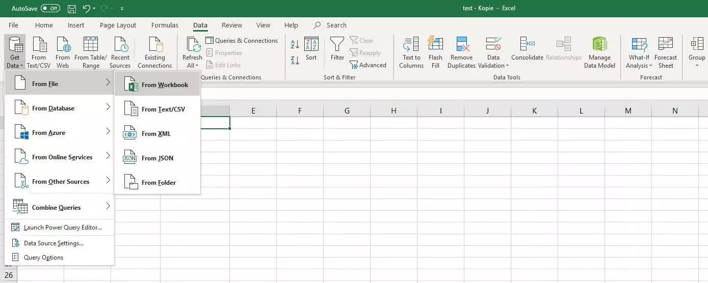 Menu for importing data in Excel 2016