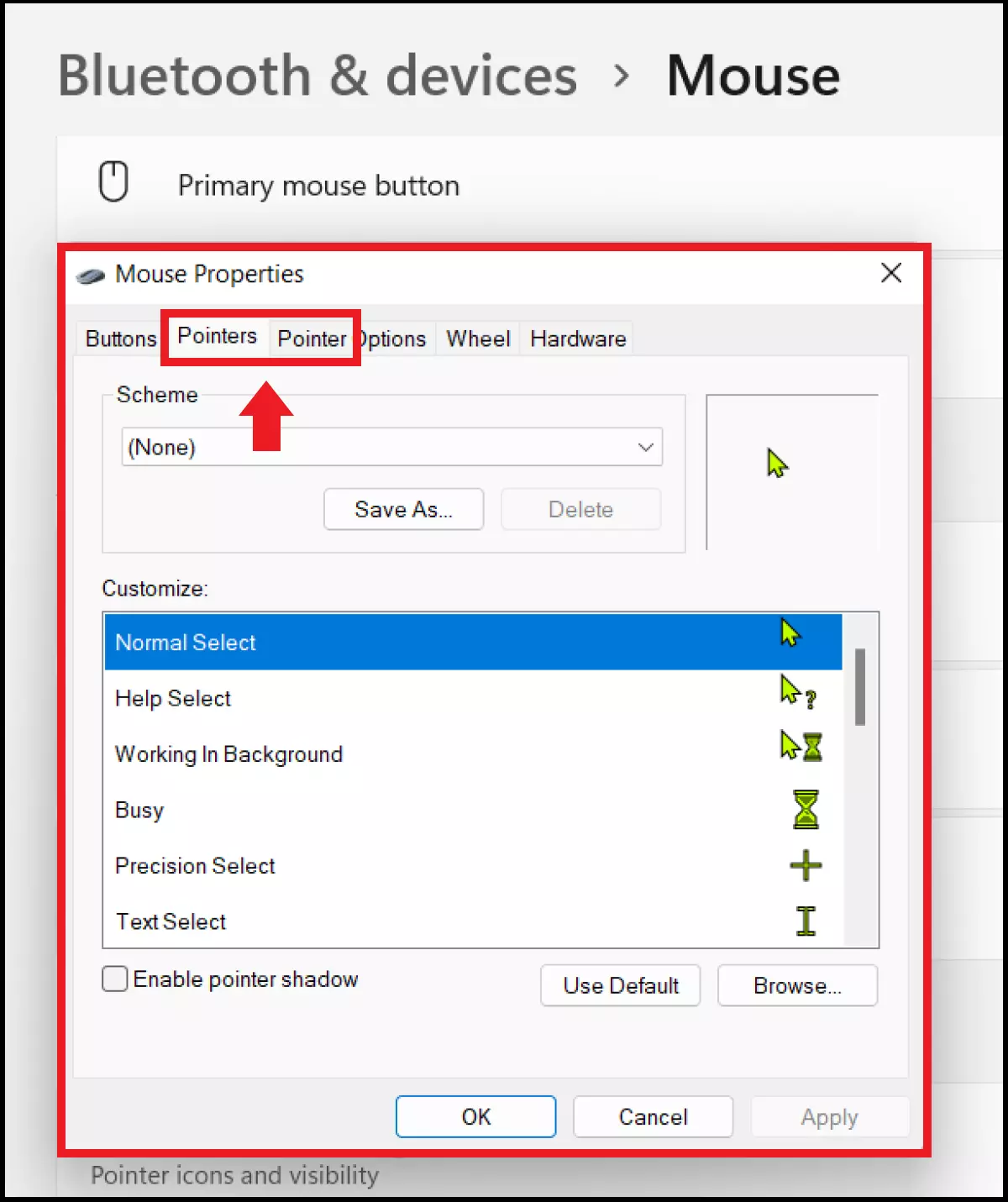 The ‘Pointer’ tab in the ‘Mouse settings’ menu