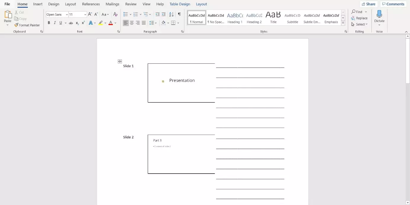 Exported PowerPoint presentation with blank note lines in Microsoft Word