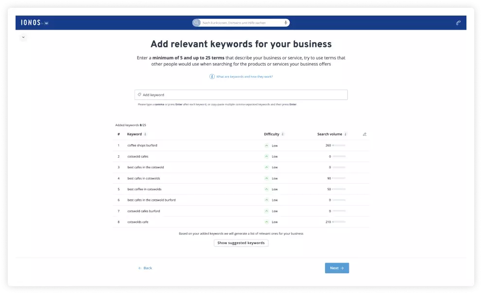 Screenshot keyword research feature from rankingCoach 