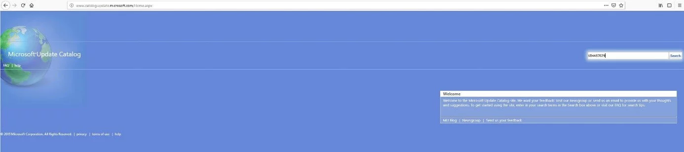 Homepage of the Microsoft Update Catalogue