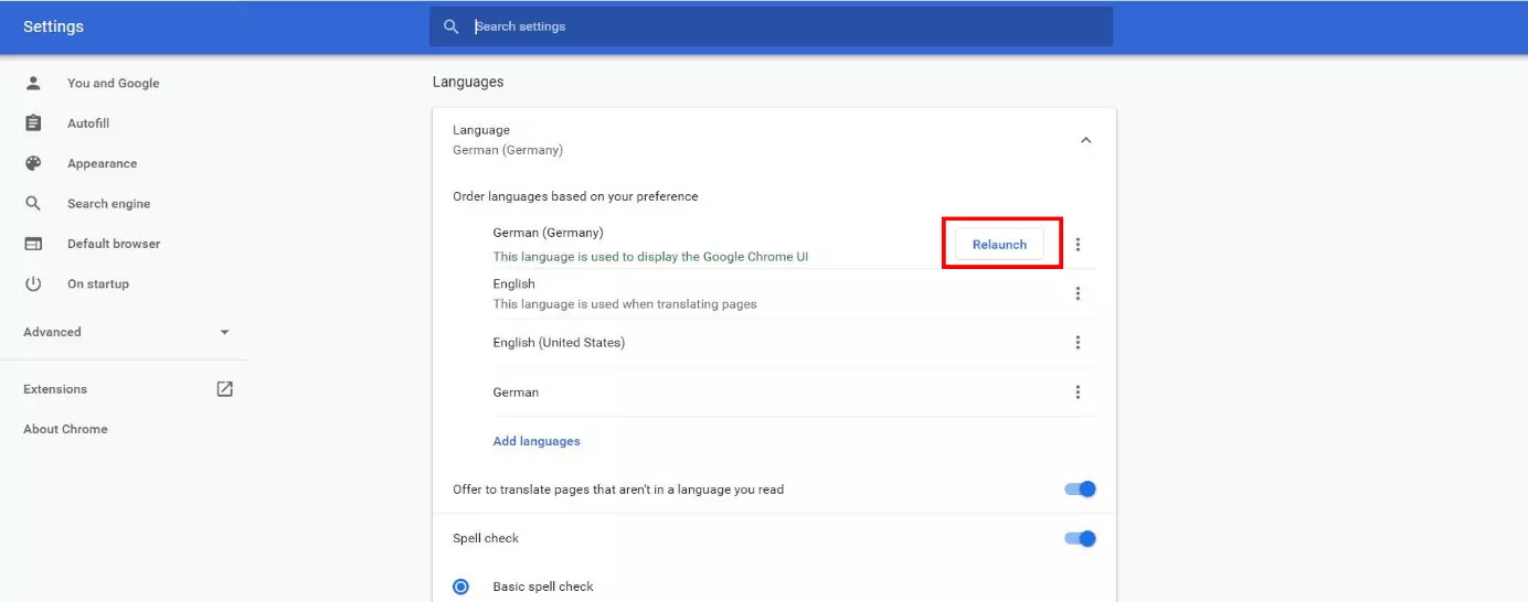 Language settings in the Google Chrome browser