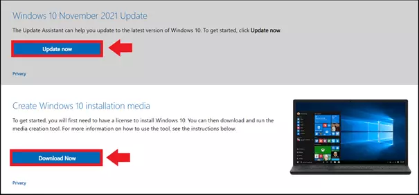 The Windows download page with options like 'Update Now' or downloading the Media Creation Tool