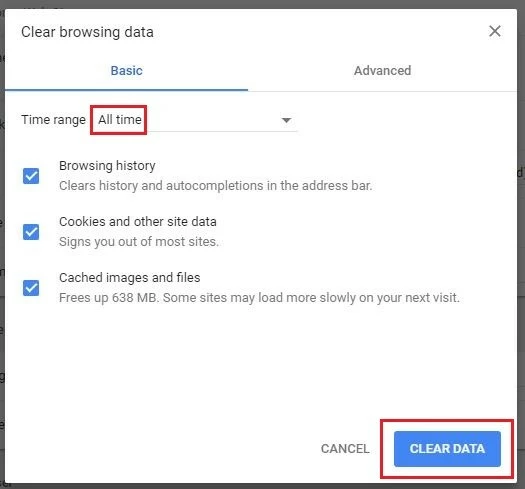 Deleting browser data on Google Chrome.