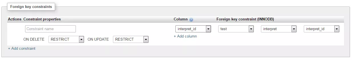 ‘Foreign key constraints’ entry field with example values