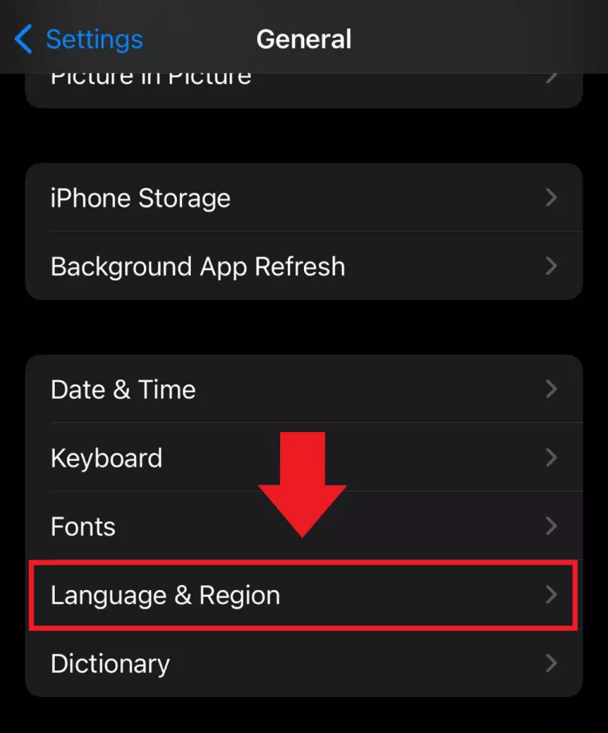 The ‘Language & Region’ menu item in iOS’s General settings menu