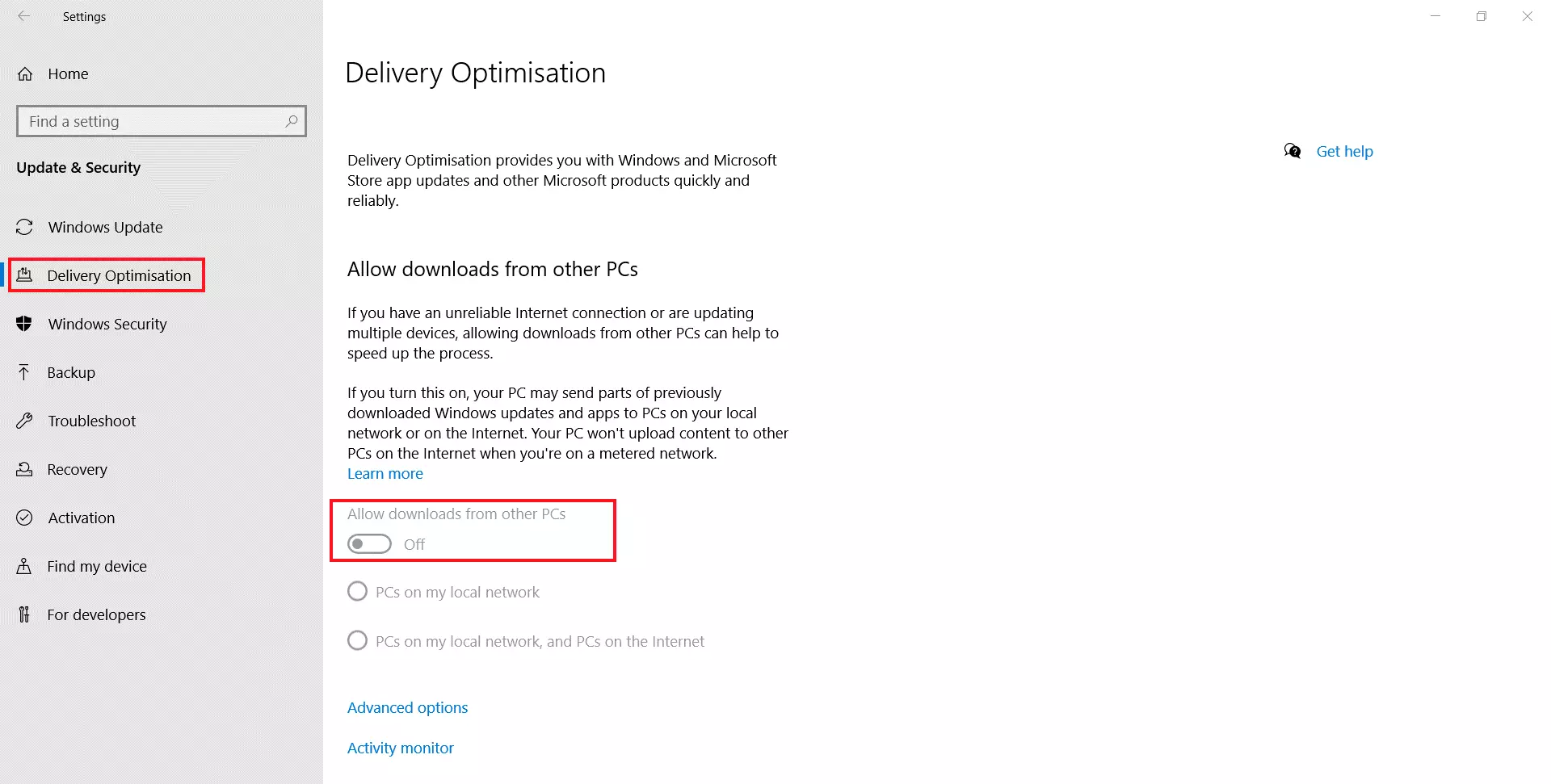 Windows 10: settings for delivery optimisation