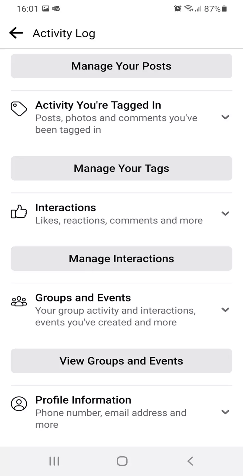 Facebook app activity log